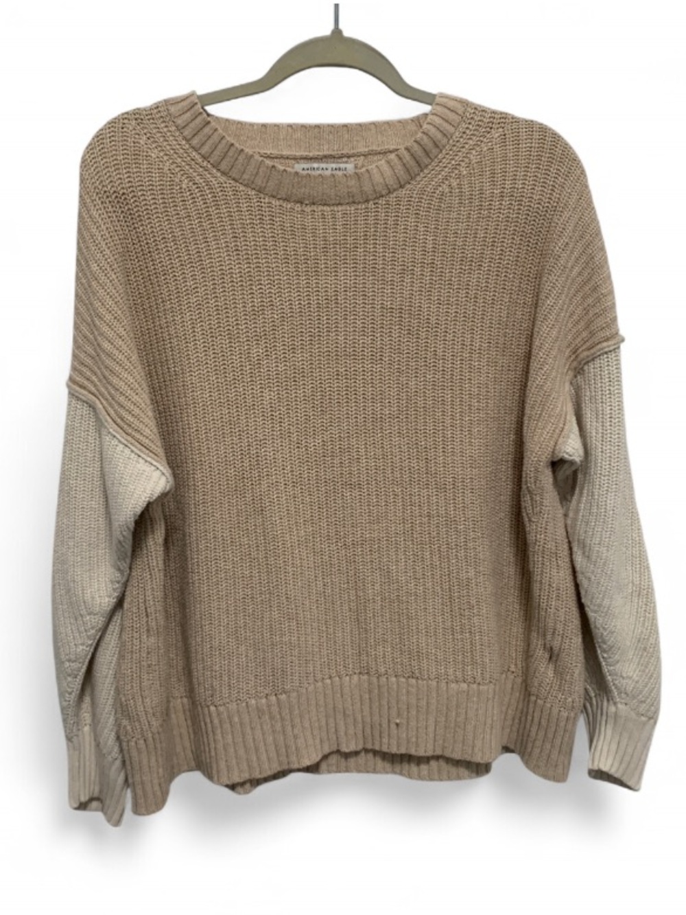 American Eagle Outfitters Two-Tone Oversized Crewneck Sweater in Beige & Cream